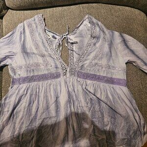 Henna cotton boho babydoll embroidered vneck eco-friendly lavender top L